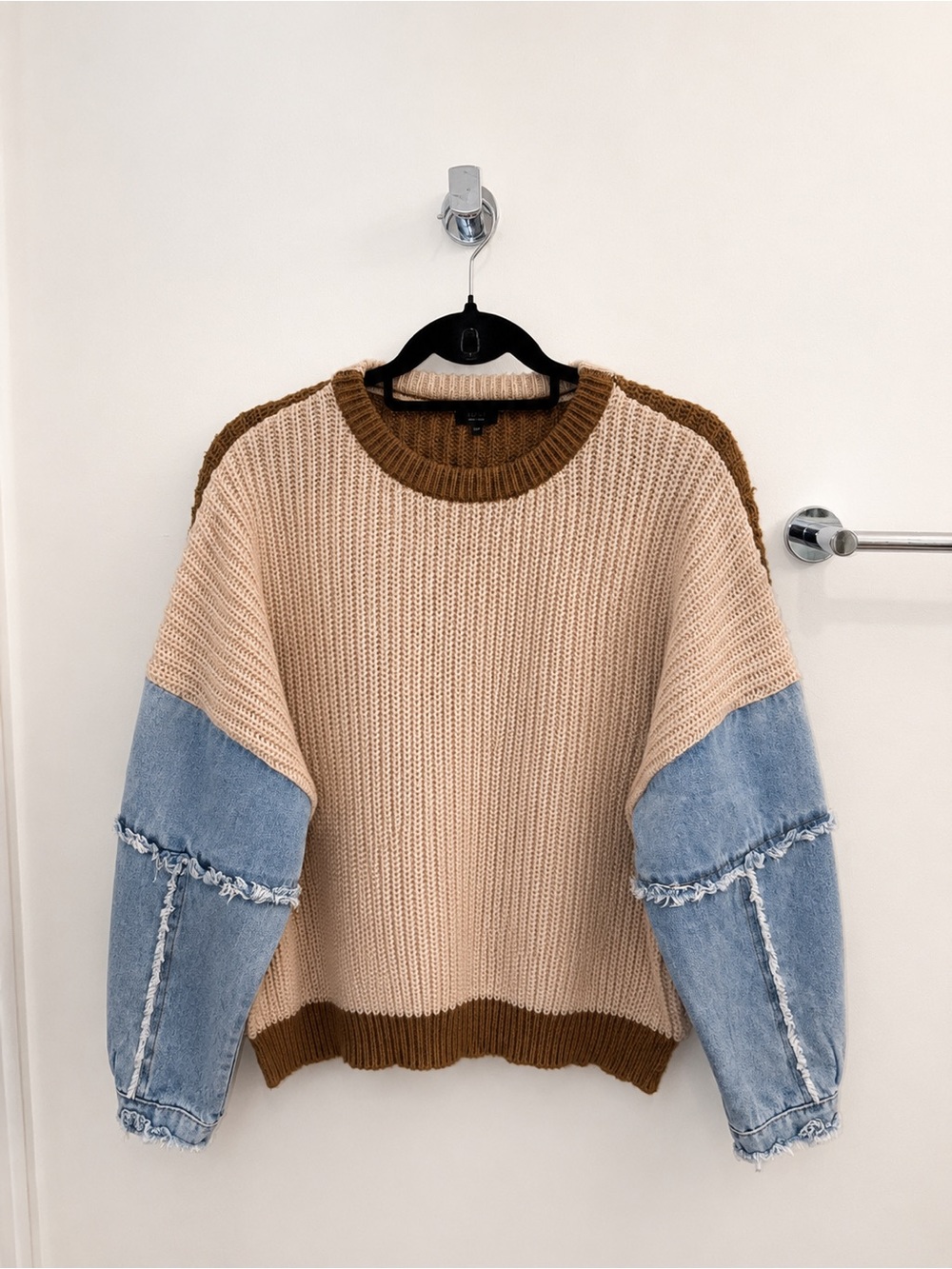 debut Beige Chunky Knit Sweater with Brown Trim & Light Blue Denim Sleeves